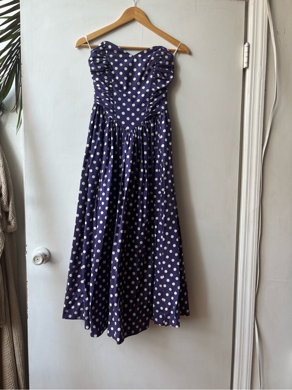 Laura Ashley Navy and White Polka Dot Strapless Maxi Dress